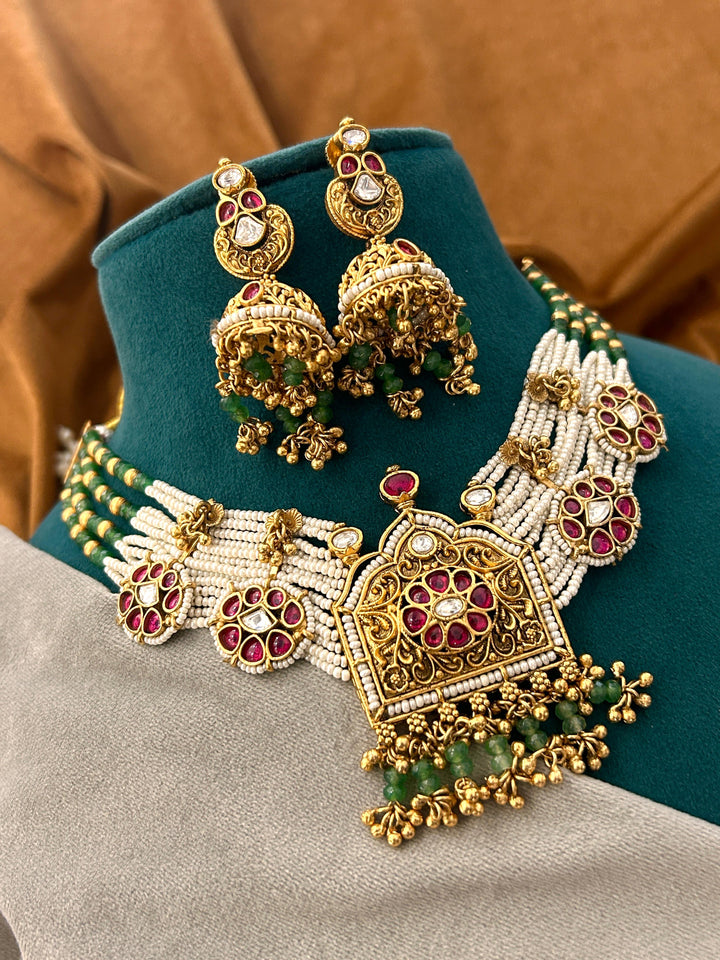 Temple-Inspired Ruby & Pearl Kundan Choker Set