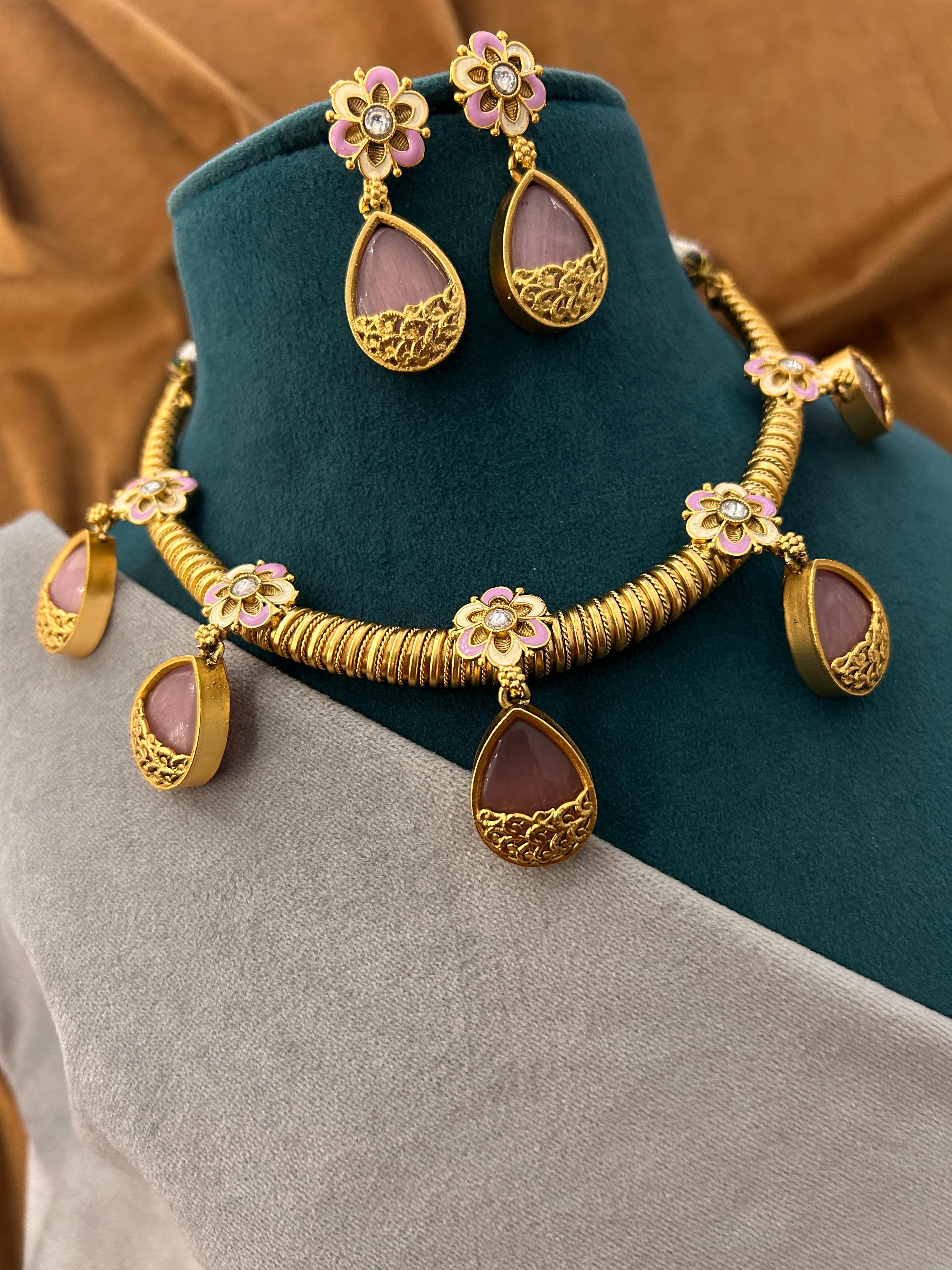 Pastel Pink Floral Designer Necklace Set with Drop Danglers