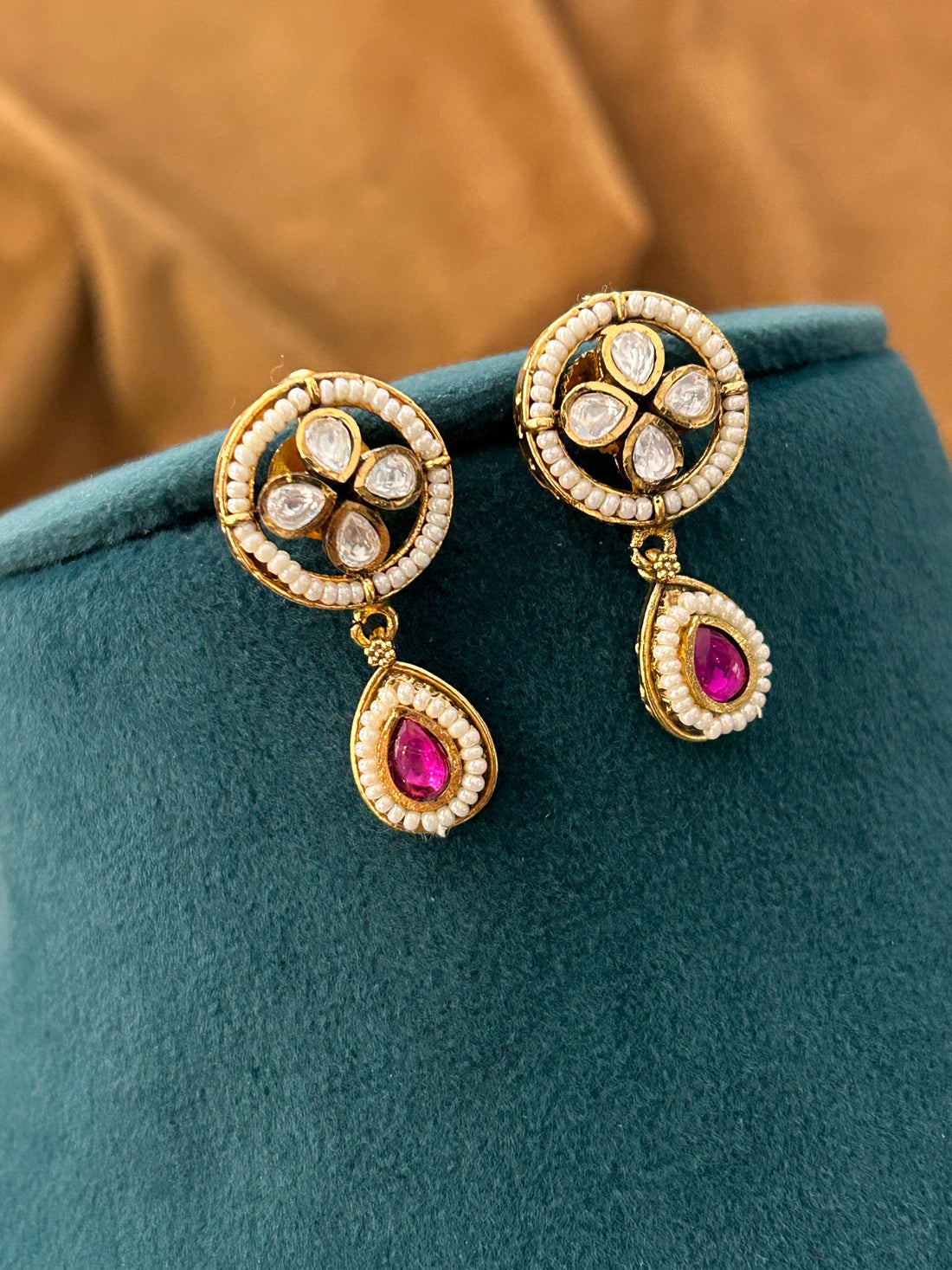 Traditional Kundan Necklace Set with Pink Stone Drops & Antique Finish