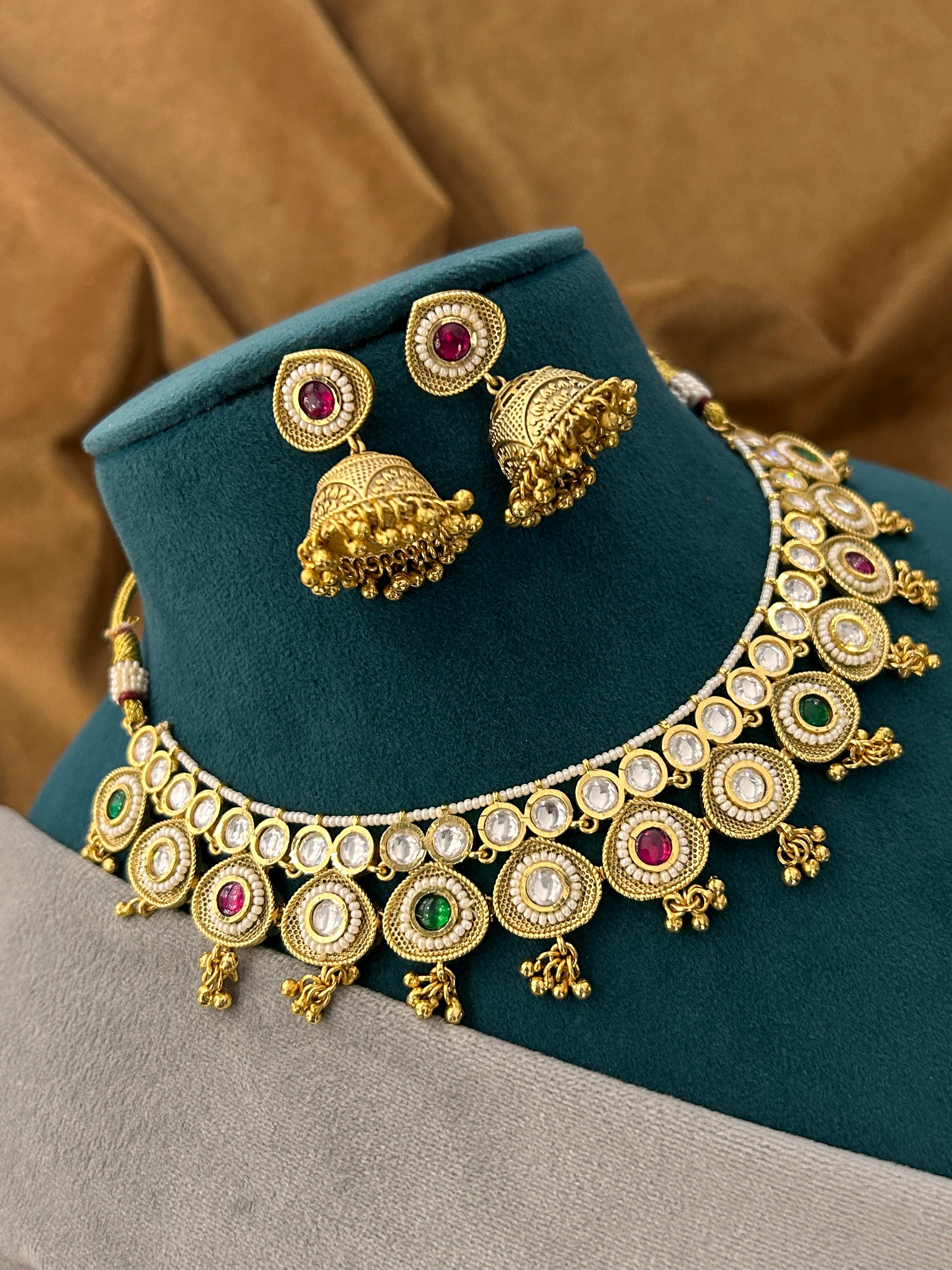 Multi-Stone Antique Kundan Necklace Set with Jhumka Earrings