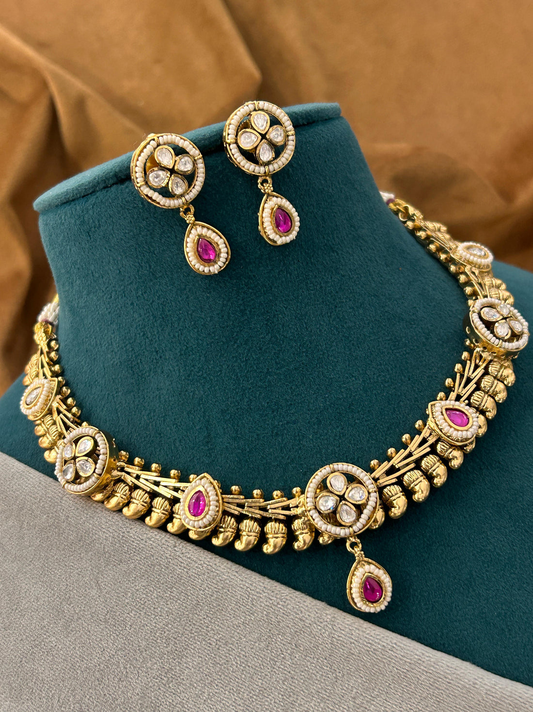 Traditional Kundan Necklace Set with Pink Stone Drops & Antique Finish