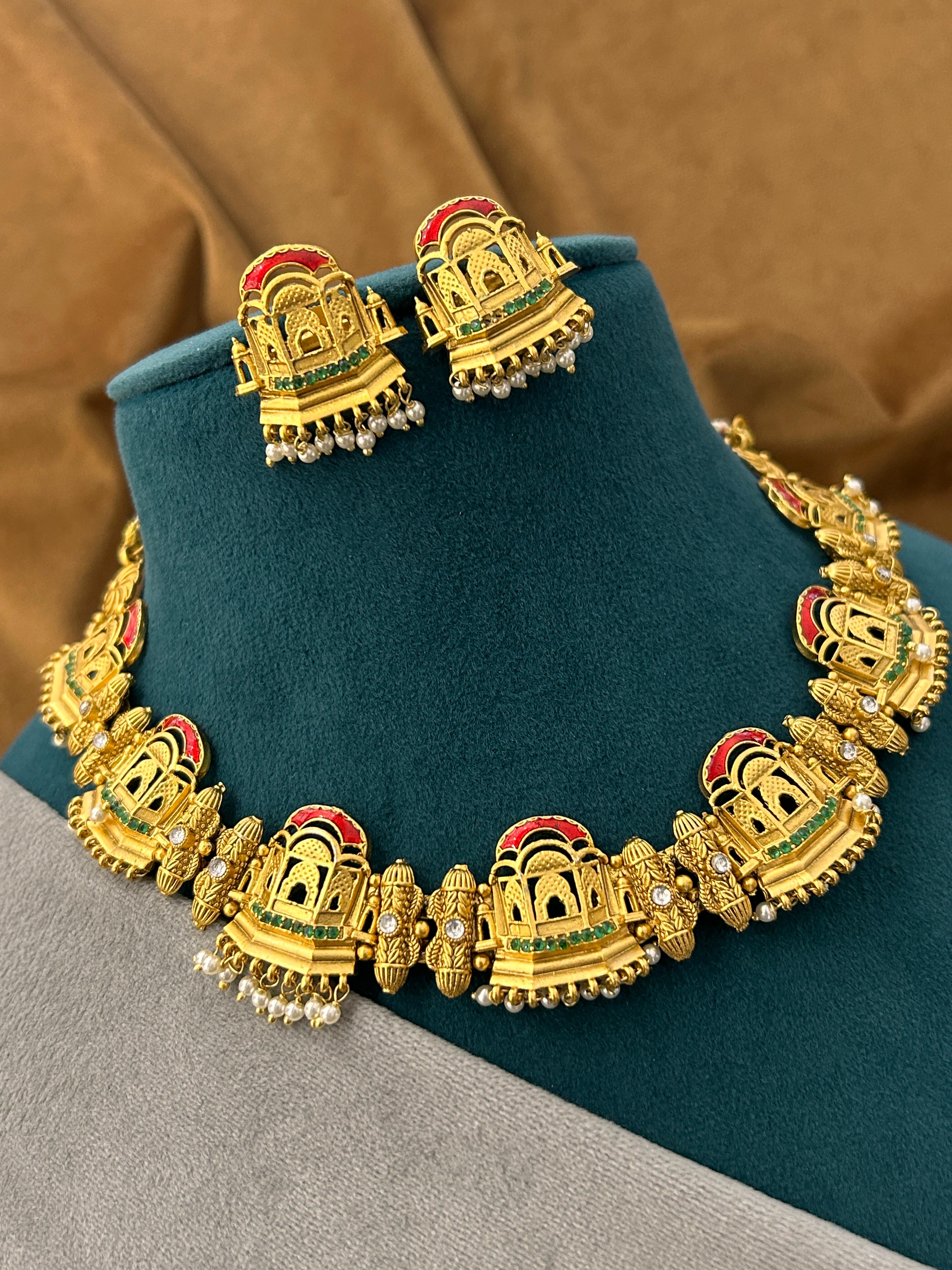 Rajasthani Palace Motif Necklace Set with Antique Finish