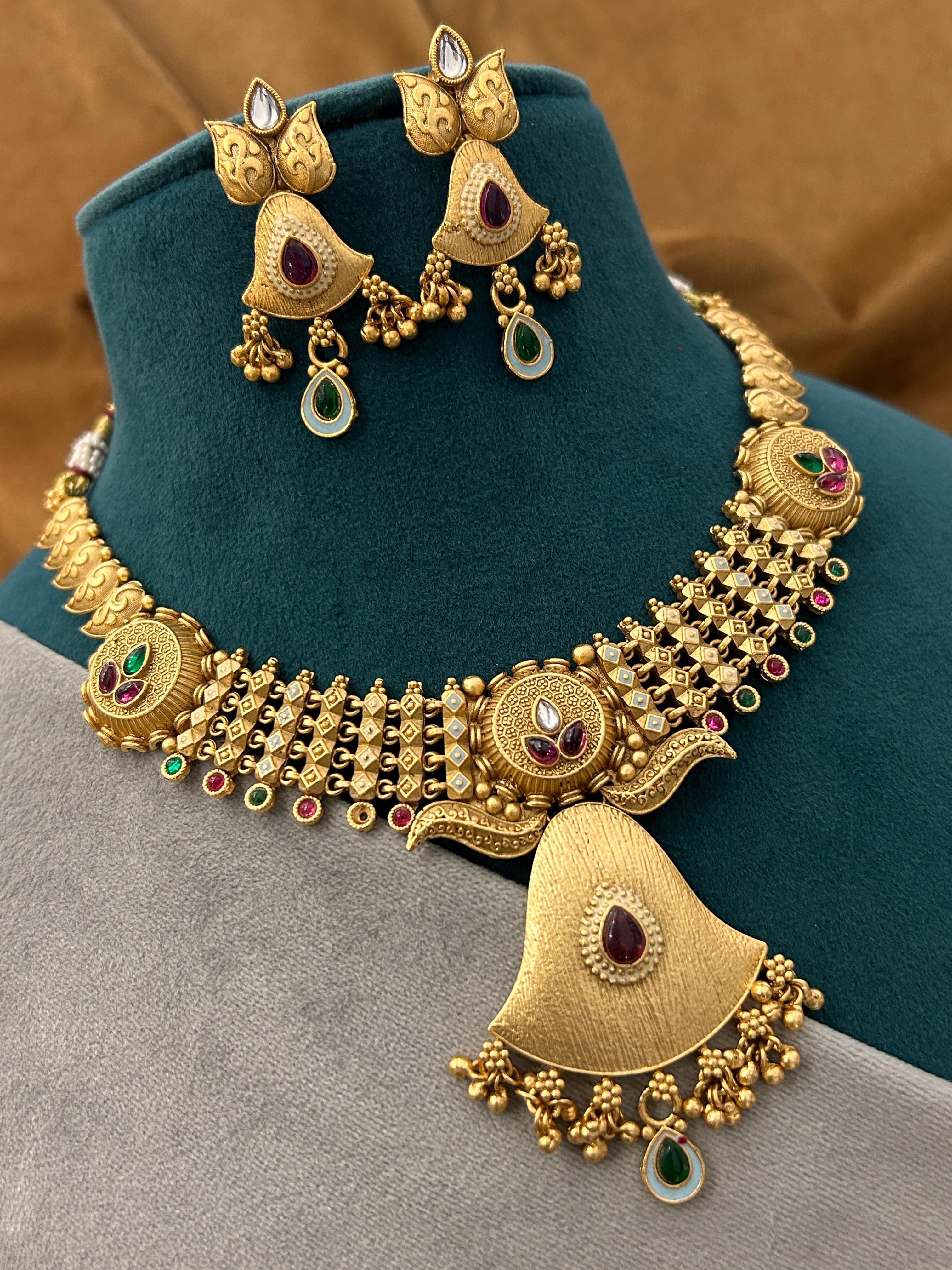 Grand Heritage Temple Necklace Set with Matte Finish & Designer Pendant