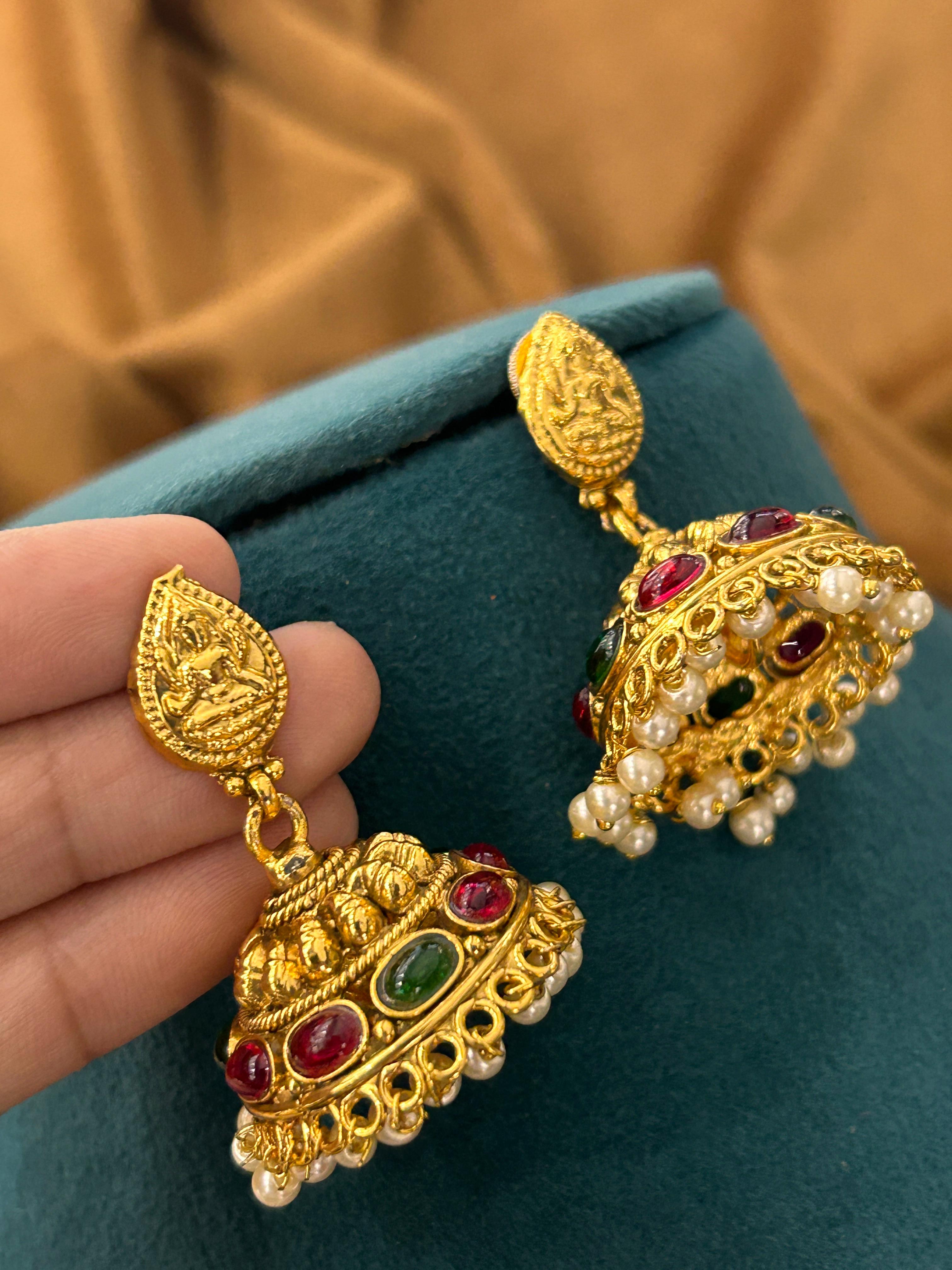 Heavy Lakshmi Temple Choker Set with Ruby-Green Stones & Pearl Drops