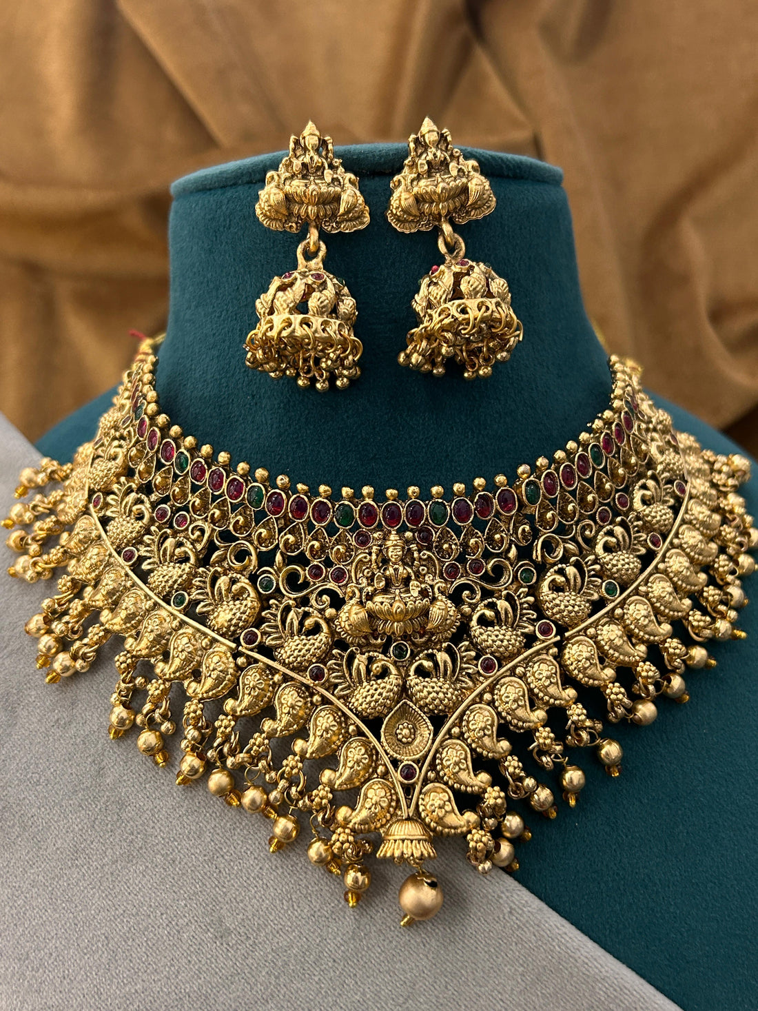 Heavy Lakshmi Temple Bridal Choker Set with Peacock Design & Jhumkas