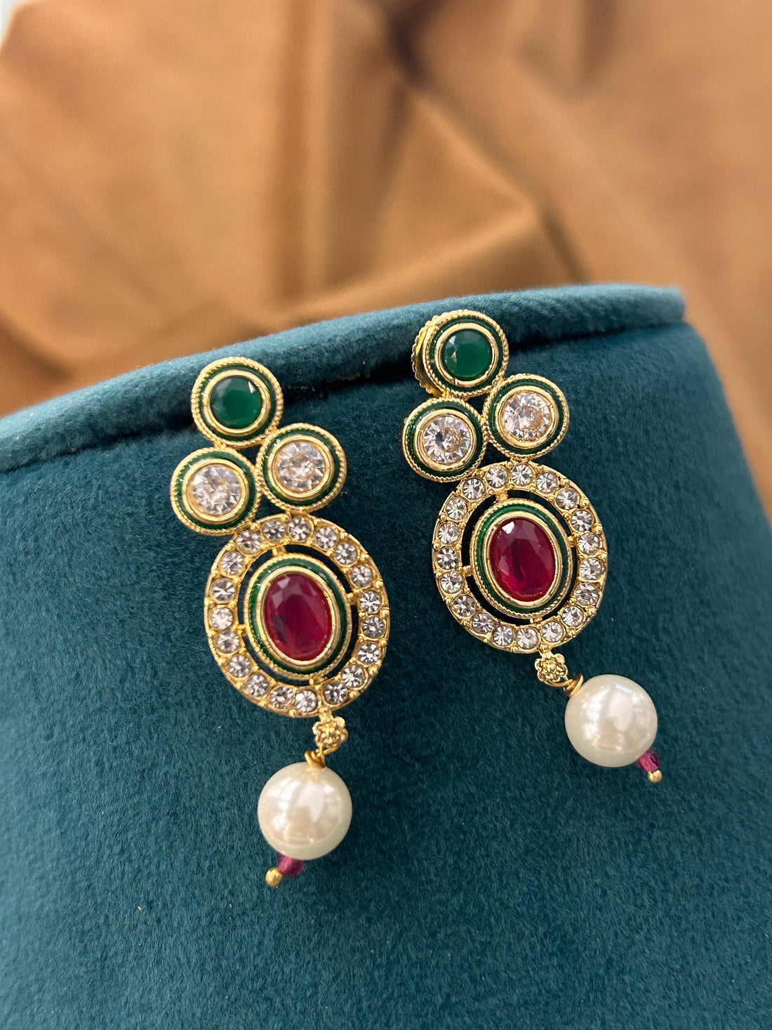 Ruby-Centered Diamond Necklace Set with Green Accents & Pearl Drops