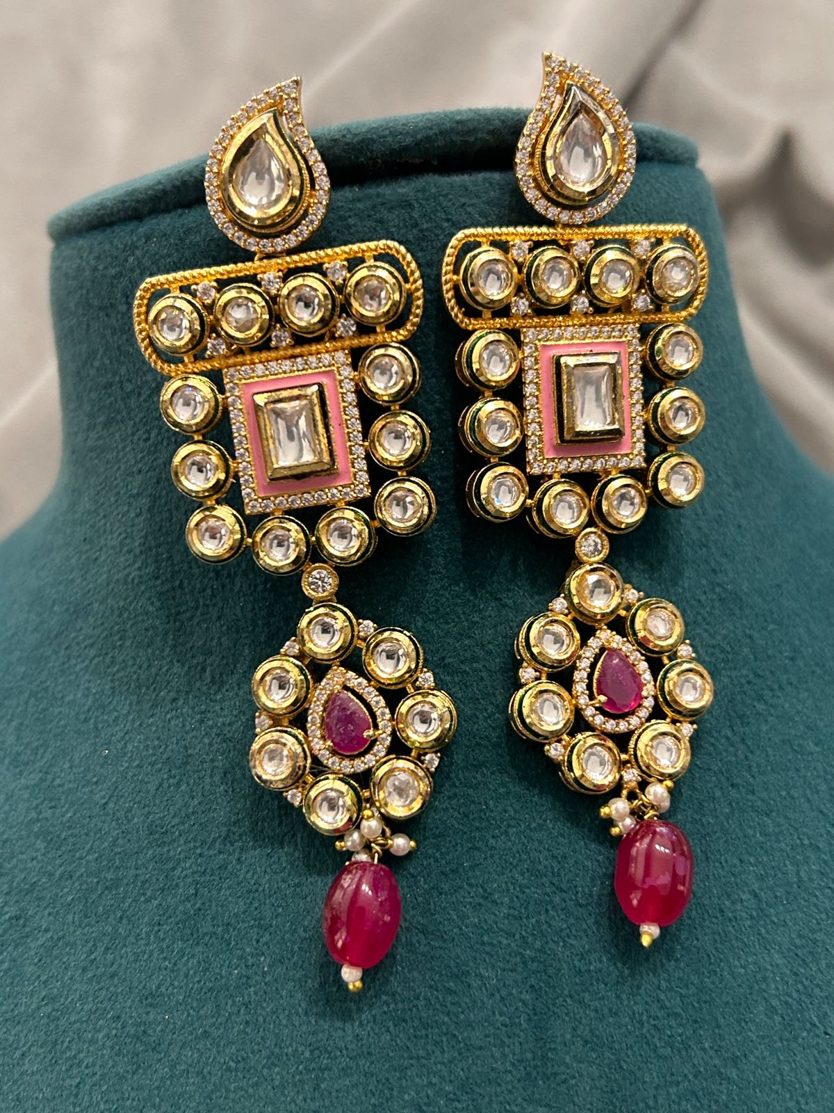 Royal Square Kundan Necklace Set with Maroon Beads