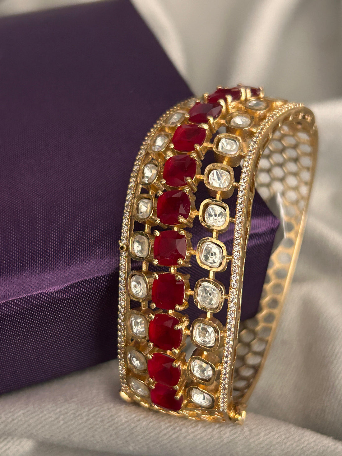 Ruby Radiance Openable Bangle with Diamond CZ Stones (Size 2.4 & 2.6)