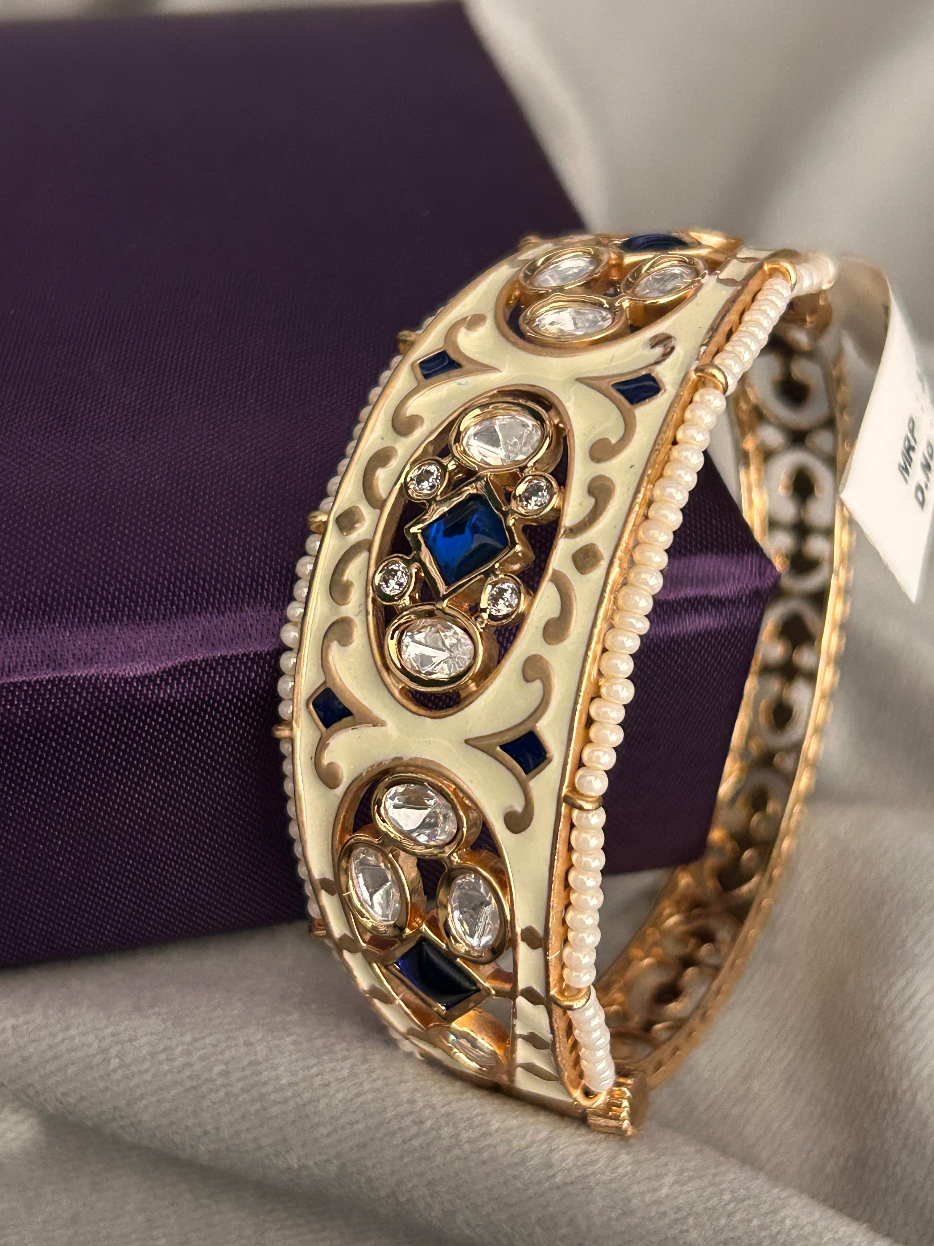Ivory Enamel Openable Bangle with Blue & CZ Stones – Premium Gold Finish (Size 2.4 & 2.6)