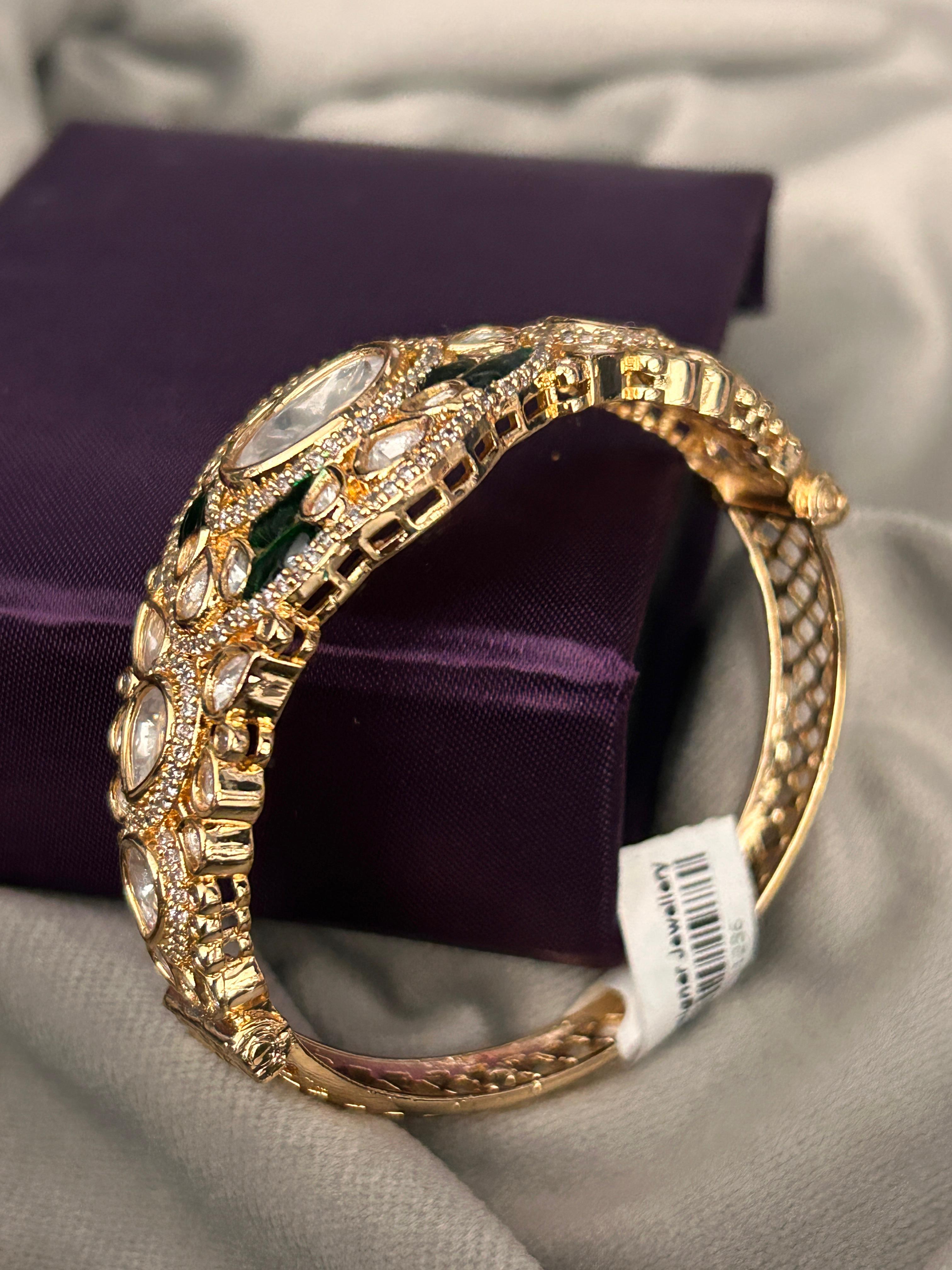 Royal Kundan Polki Bracelet with Green Meenakari Accents