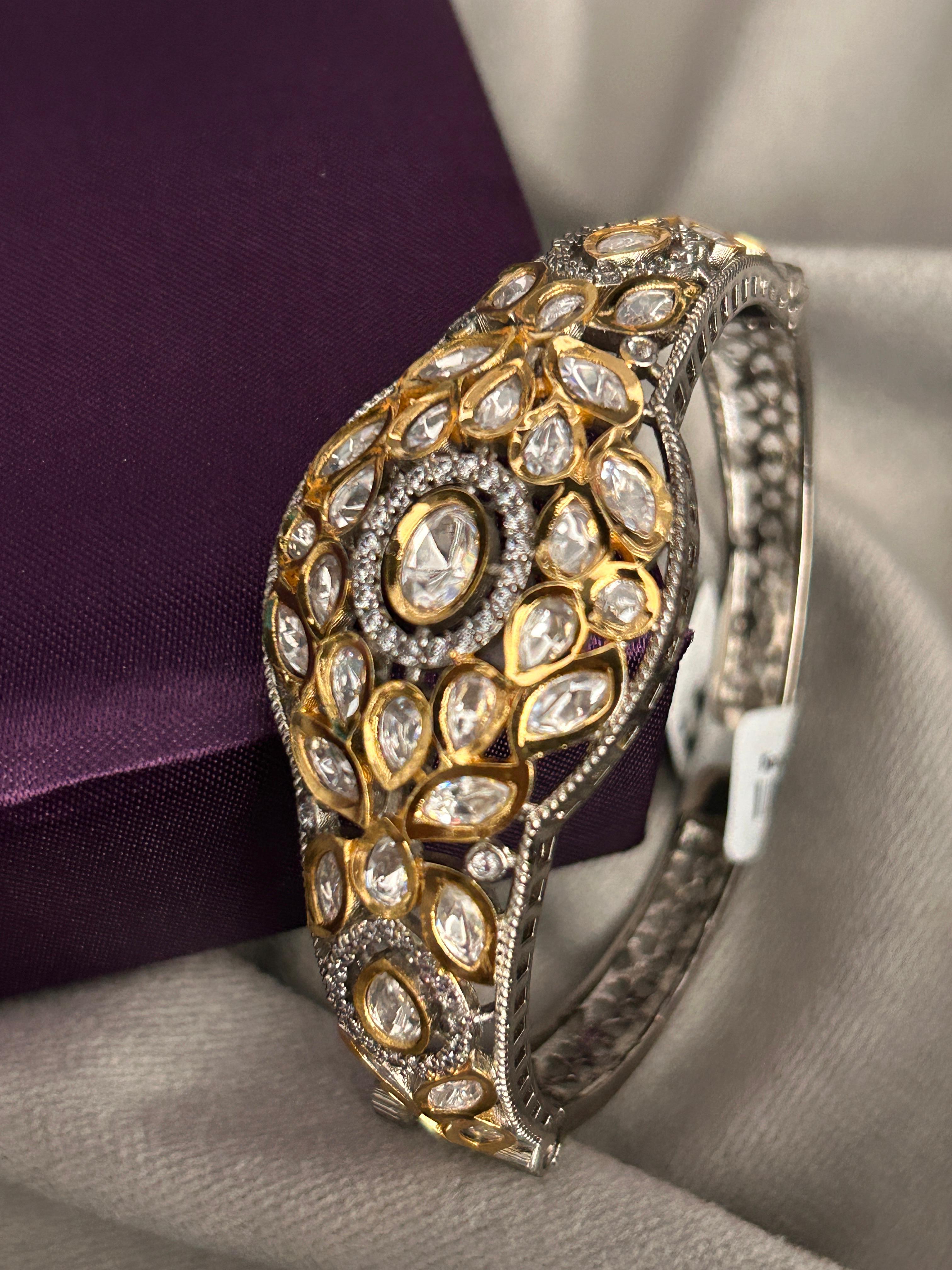 Dual-Tone Polki Bangle with Antique Silver & Gold Finish