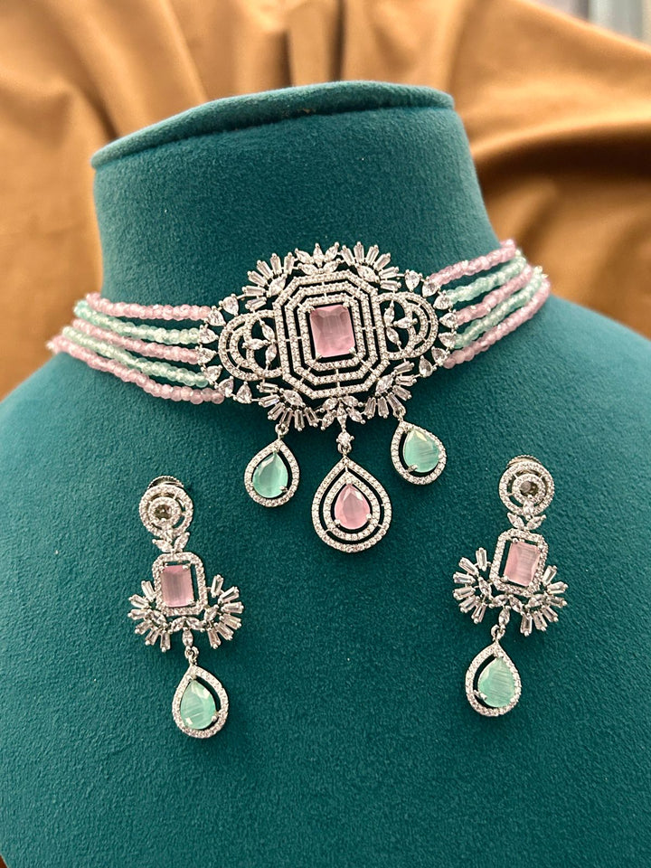 Pastel Pink & Mint Green Diamond Choker Set with Elegant Earrings