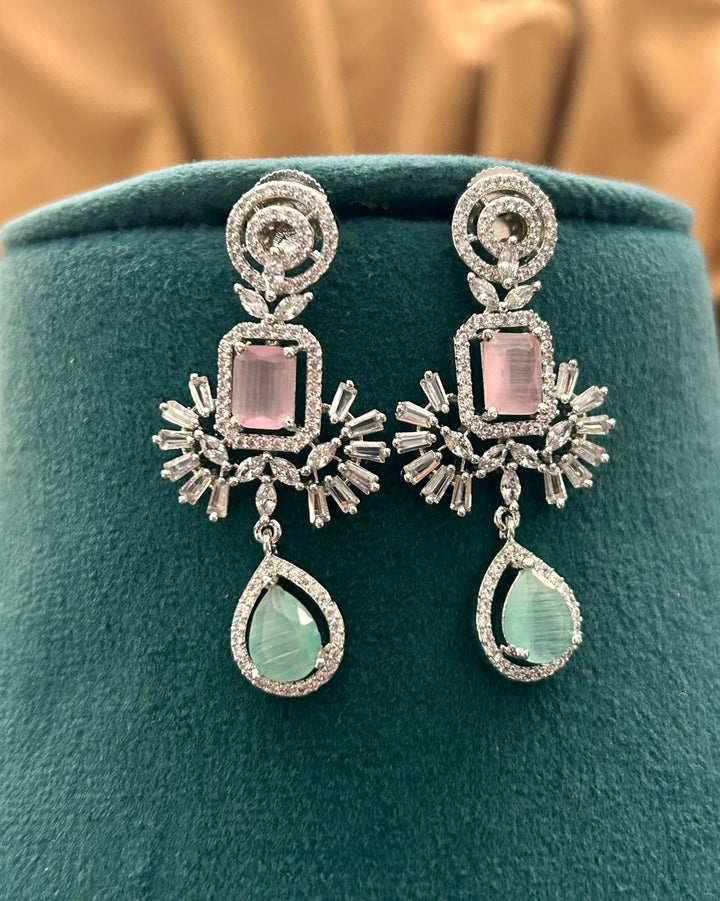 Pastel Pink & Mint Green Diamond Choker Set with Elegant Earrings