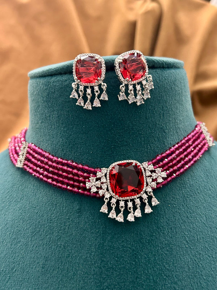 Ruby Red Stone Diamond Choker Set