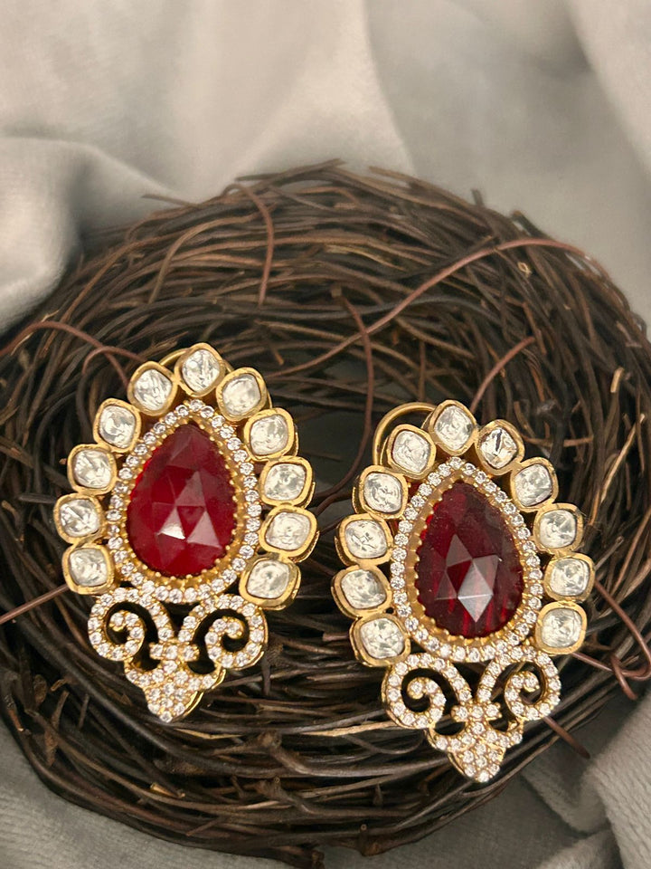 Antique Ruby Red Drop Earrings with AD Detailing