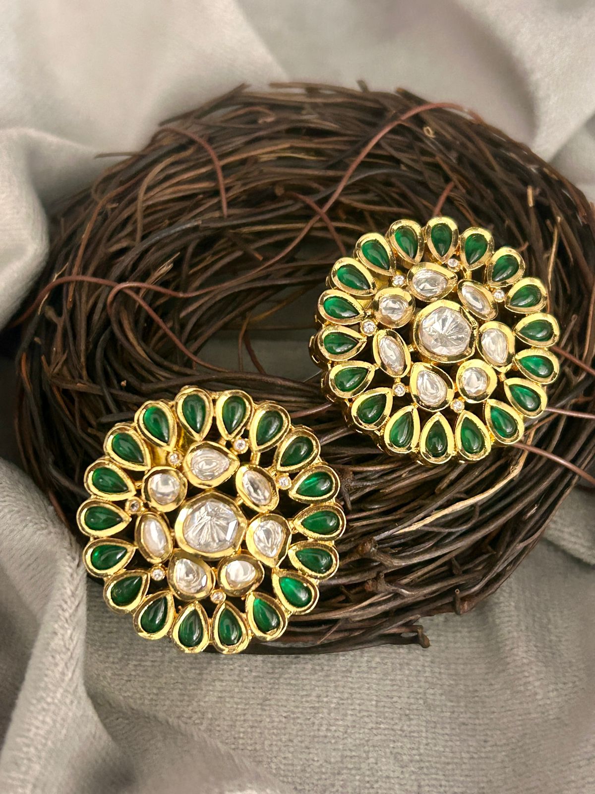 Green Kundan Round Stud Earrings