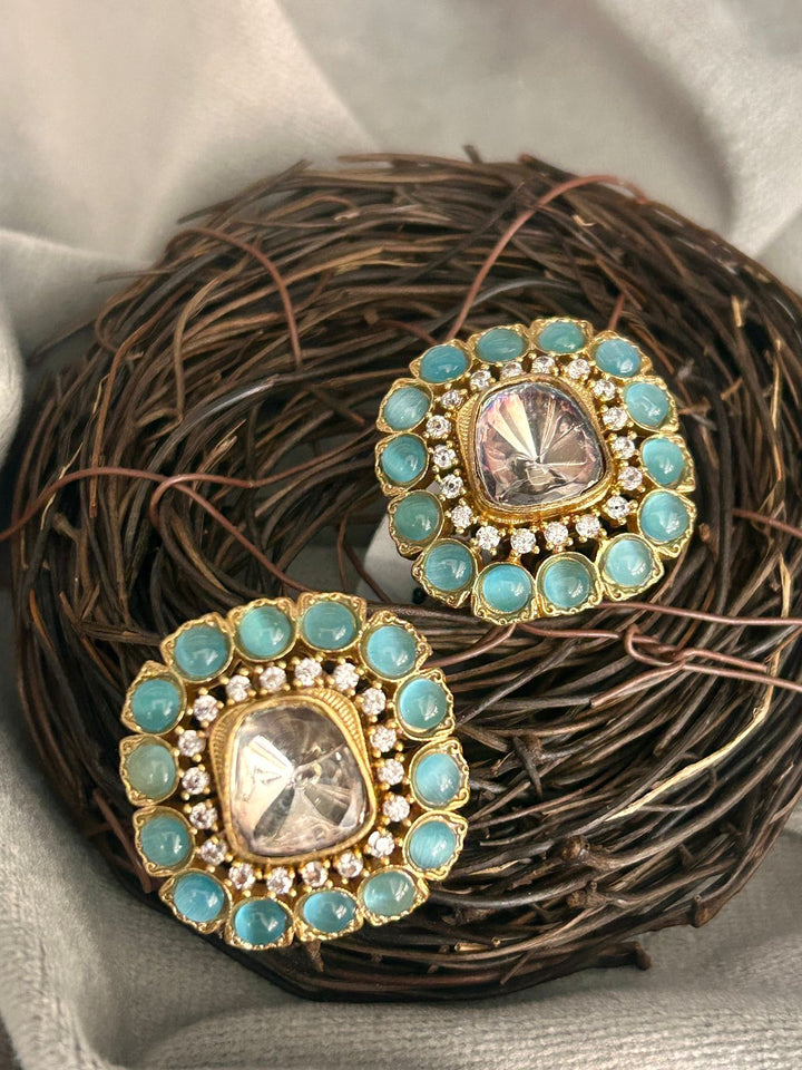 Pastel Blue Kundan Stud Earrings with Mirror Center
