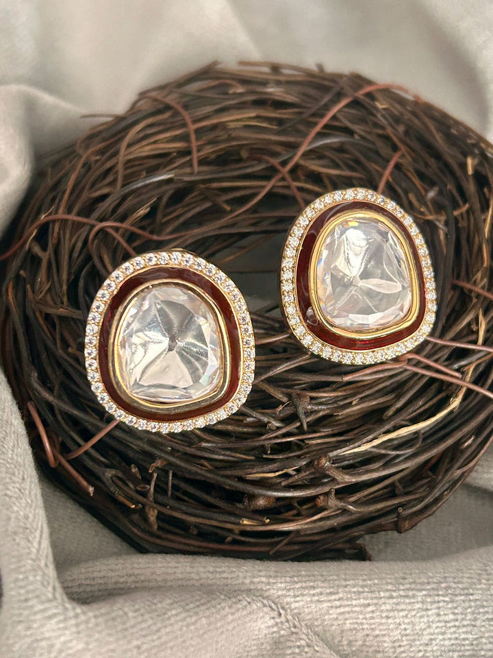 Classic Mirror Stud Earrings with Maroon Border