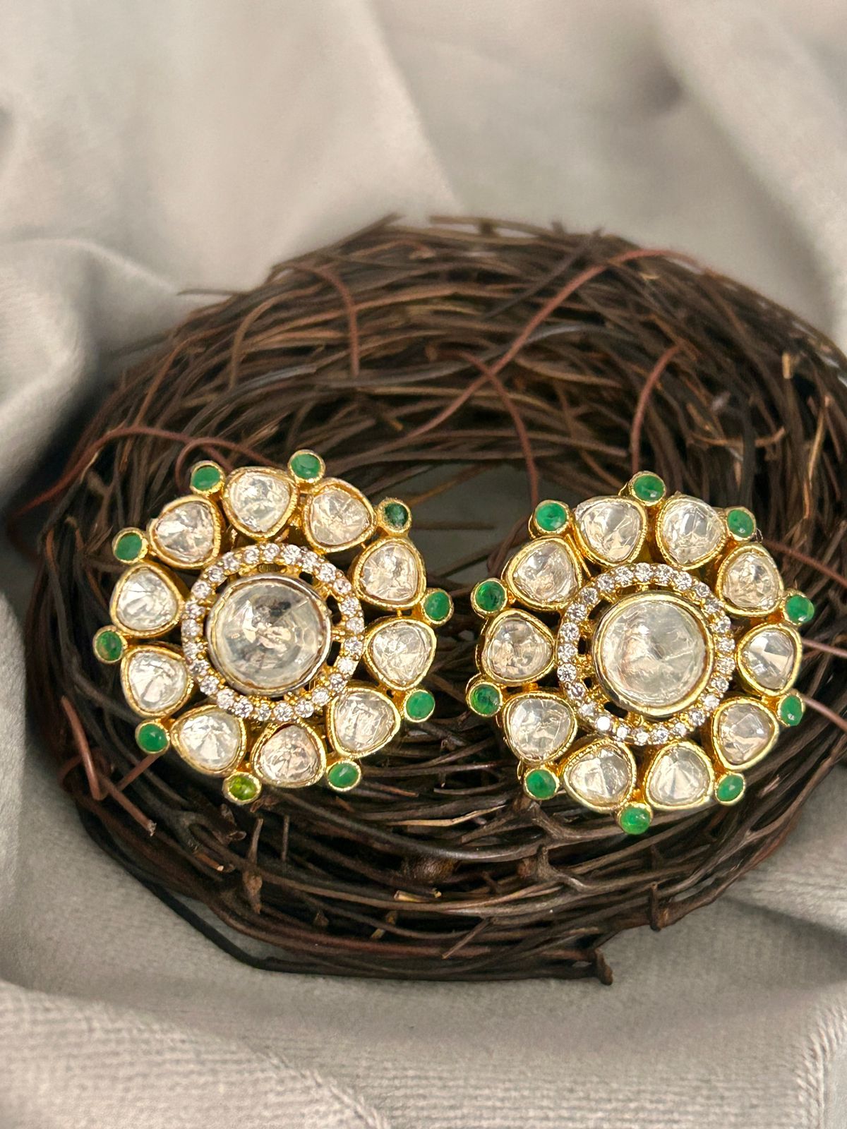 Round Kundan Stud Earrings with Green Accents