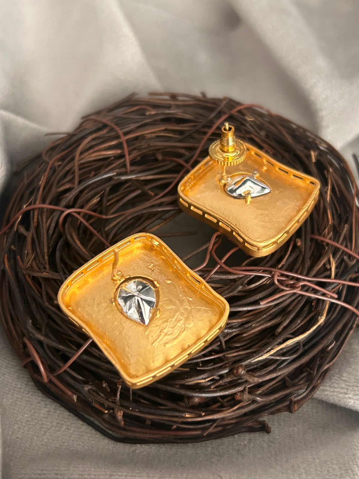 Contemporary Gold Matte Stud Earrings with Teardrop Center