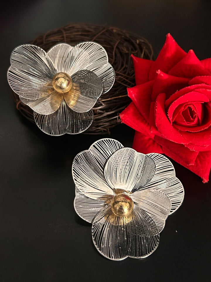 Silver & Gold Floral Stud Earrings – Statement Designer Jewellery