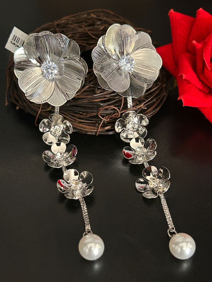Silver Floral Drop Earrings with Pearl & Stone – Designer Party Wear