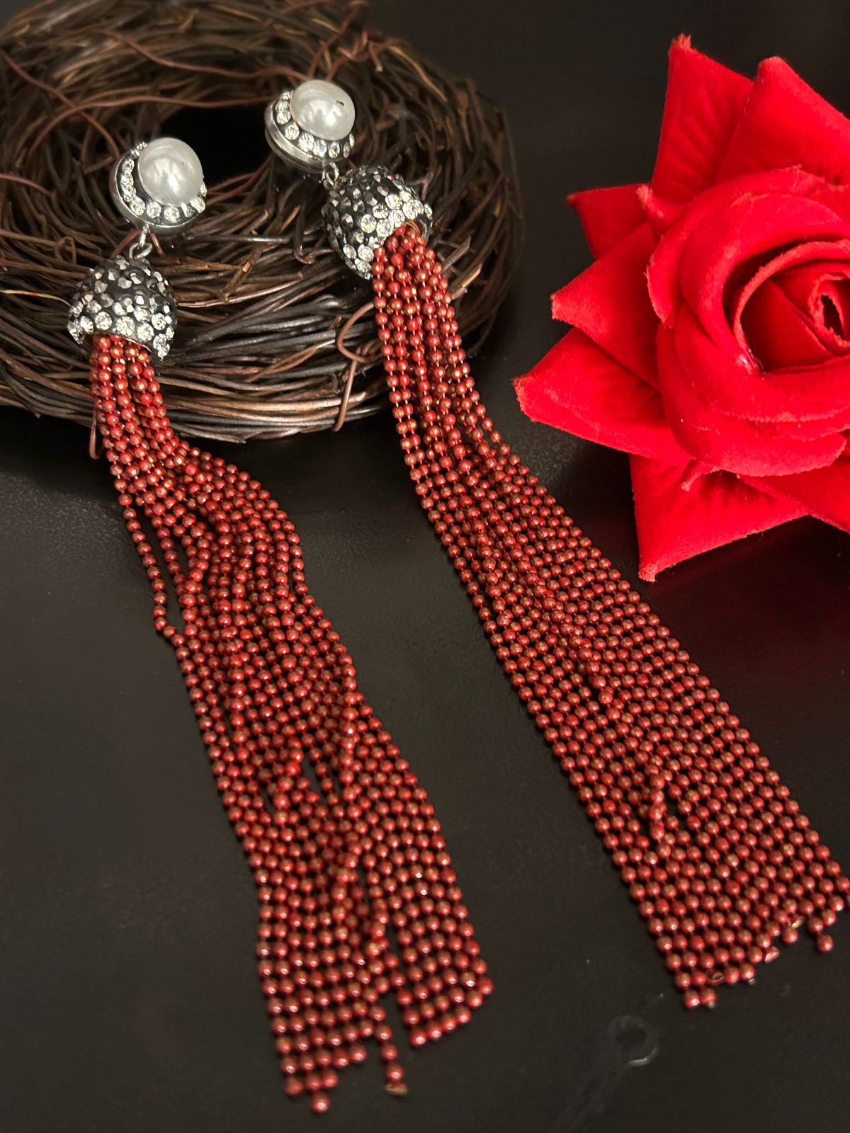Red Tassel Long Earrings with Stones – Party Wear Designer Jewellery