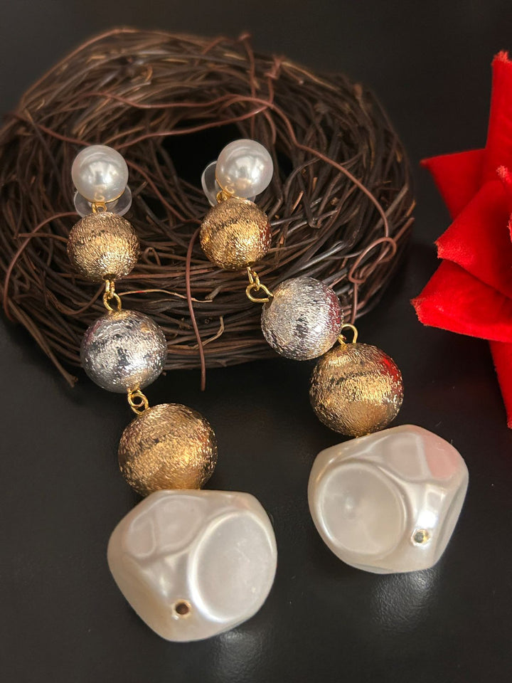 Pearl & Metallic Ball Drop Earrings – Stylish Party Wear Jewellery