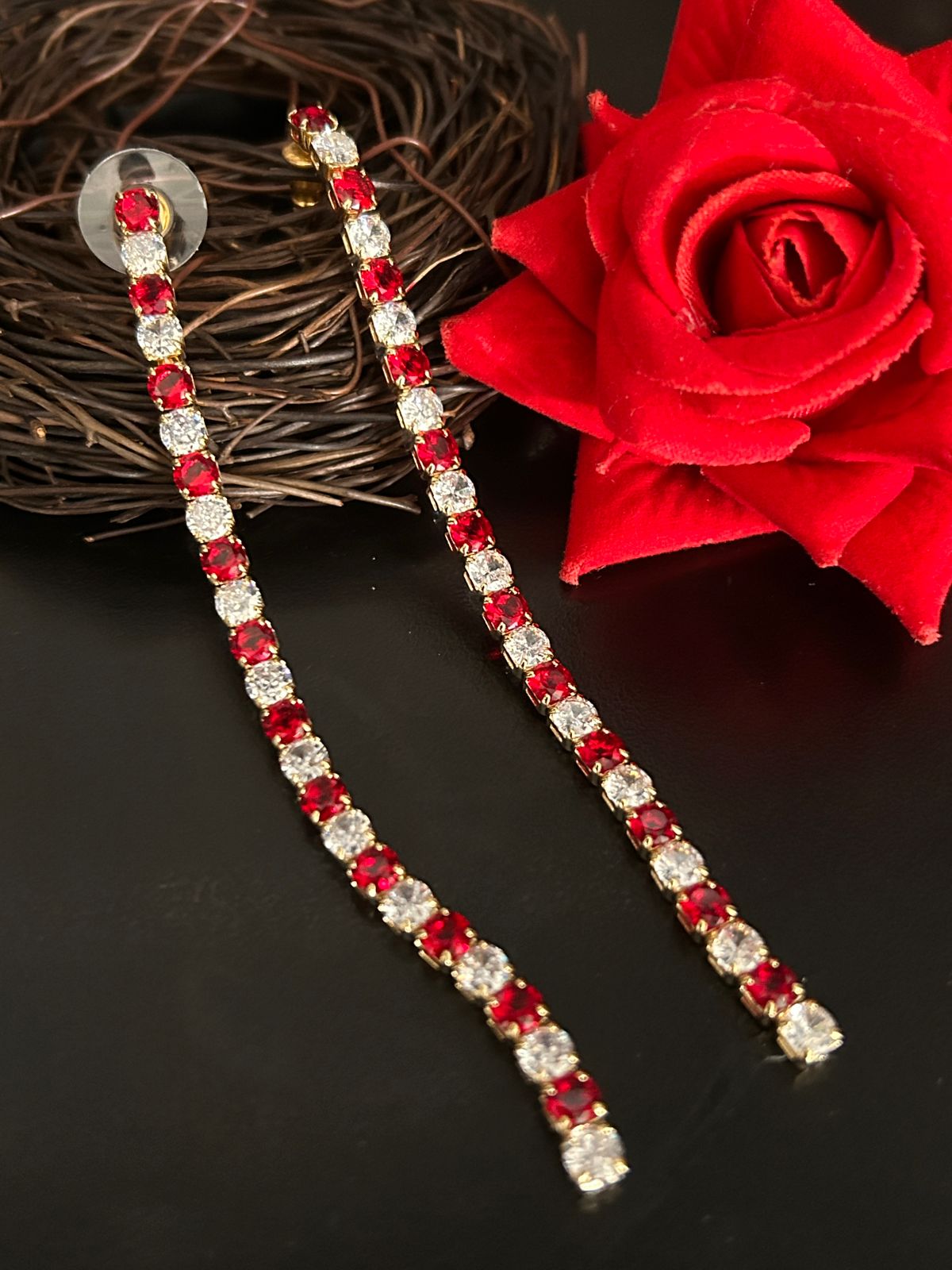 Red & White Stone Long Earrings – Elegant Party Wear Jewellery