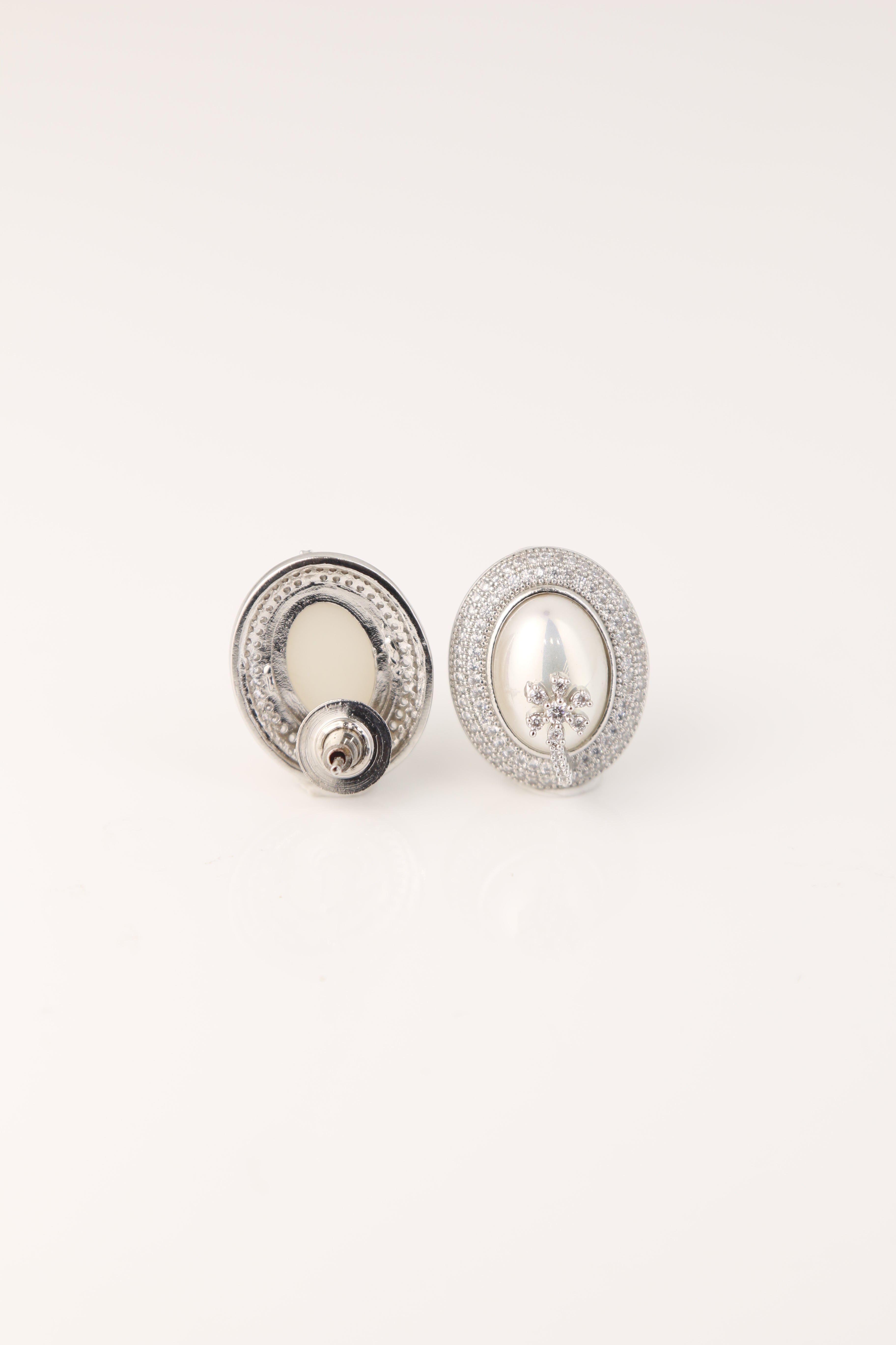 Elegant White Stone Stud Earrings with Floral Diamond Motif