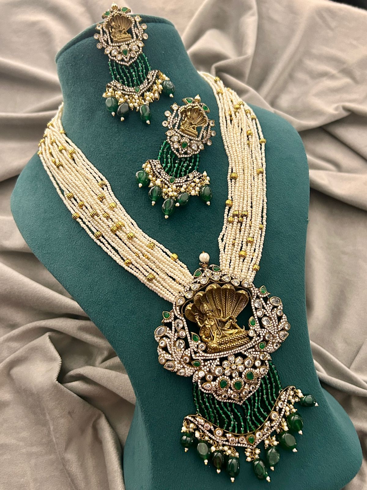 Lakshmi Motif Pearl & Green Beads Necklace Set – Traditional Bridal Jewellery