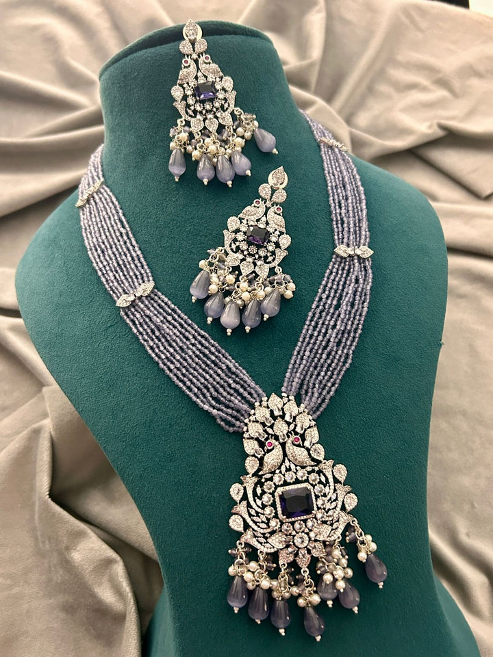 Diamond Look Peacock Necklace Set with Grey Beads – Bridal Party Wear Jewellery