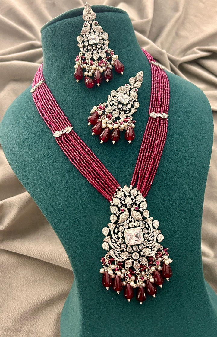 Ruby Beads & Diamond Look Peacock Necklace Set – Bridal Party Wear Jewellery