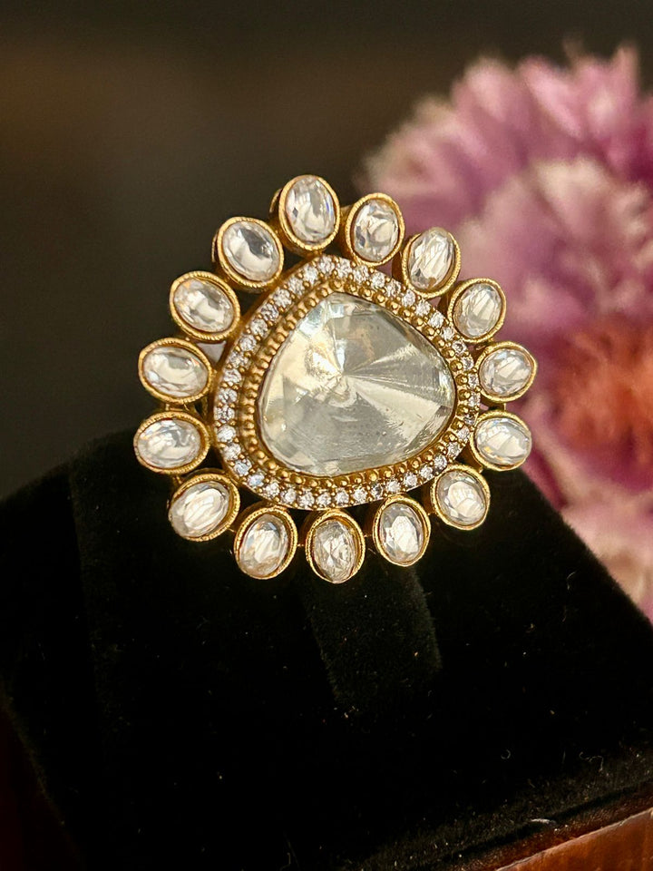 Royal Polki Kundan Statement Ring – Adjustable Big Stone Design