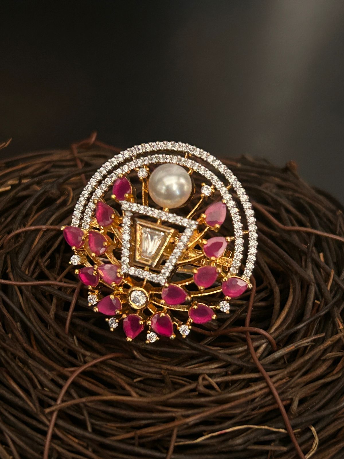Ruby & Pearl Designer Statement Ring – Luxury Kundan Cocktail Ring