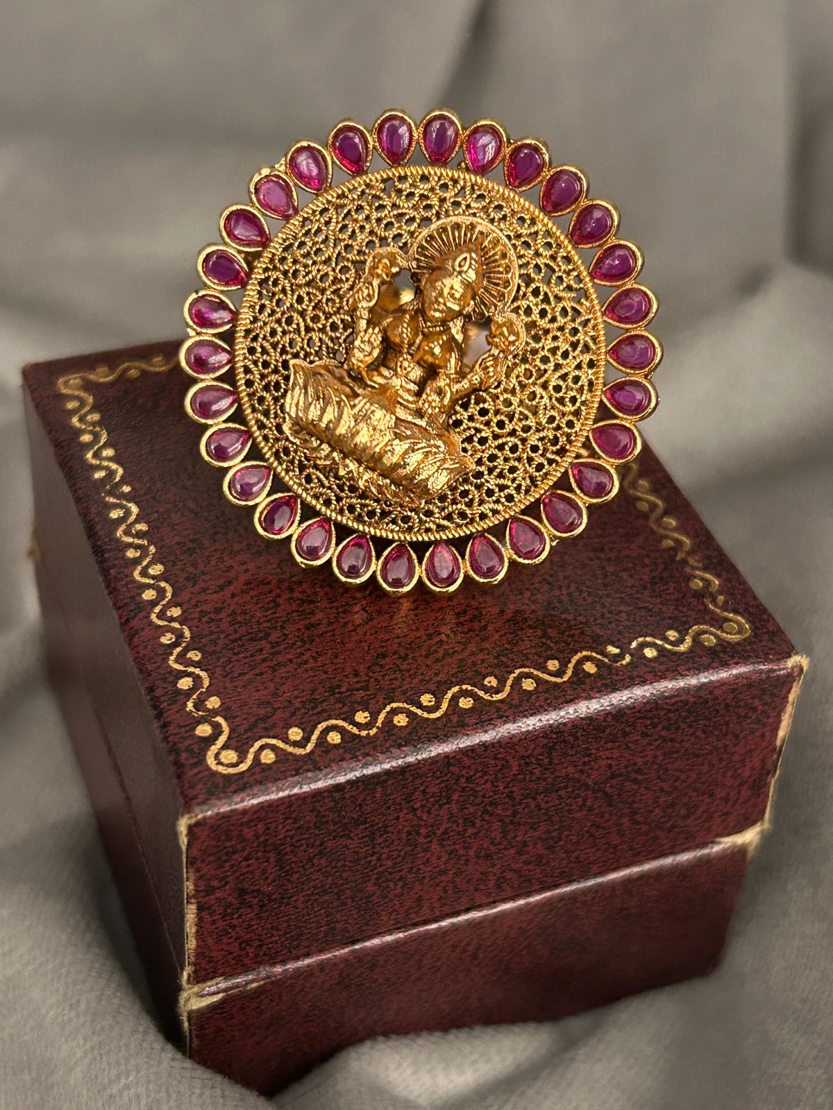 Temple Lakshmi Adjustable Ring – Antique Gold with Ruby Stone Border