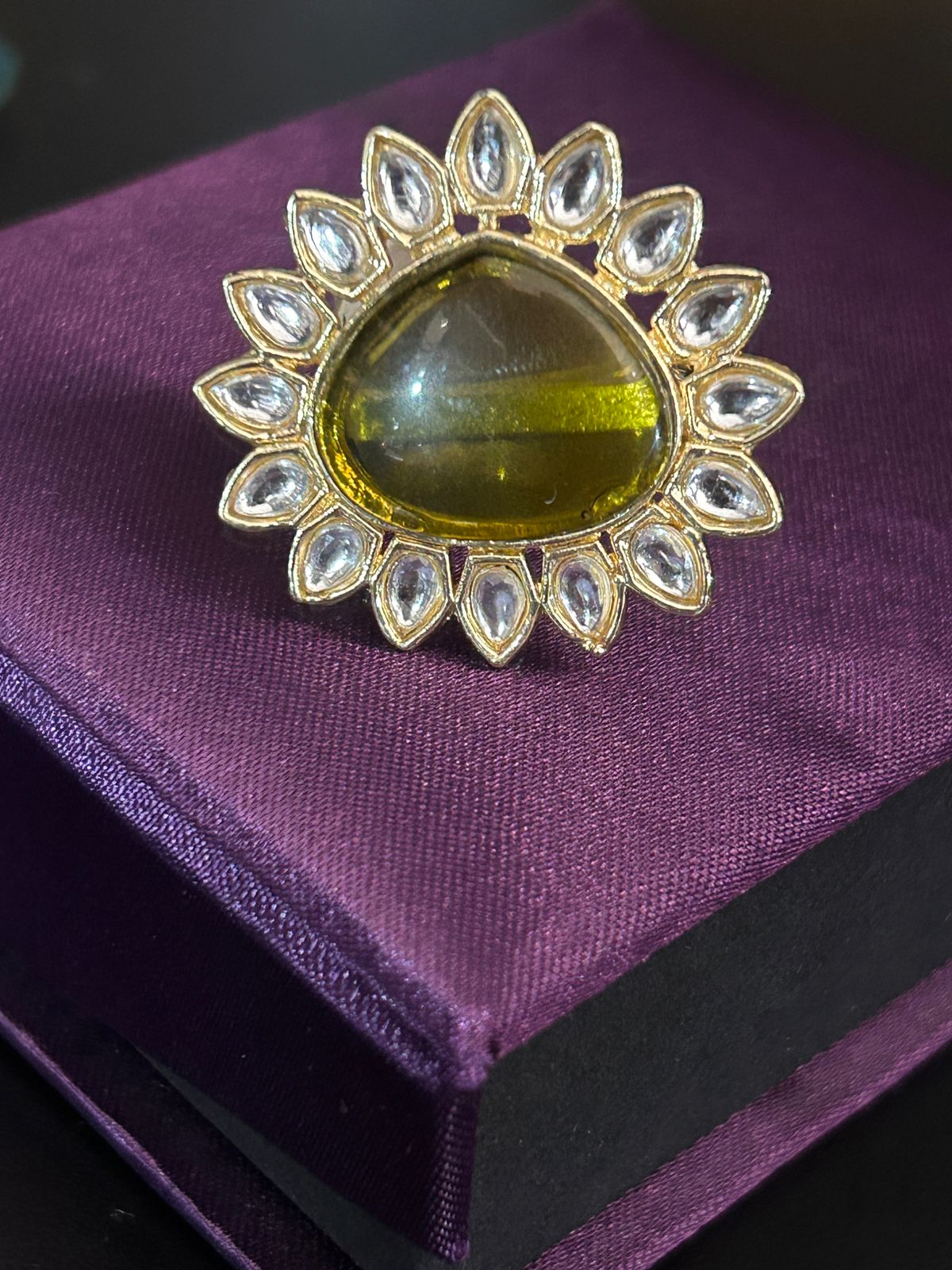 Green Stone Adjustable Ring – Statement Kundan Cocktail Jewellery