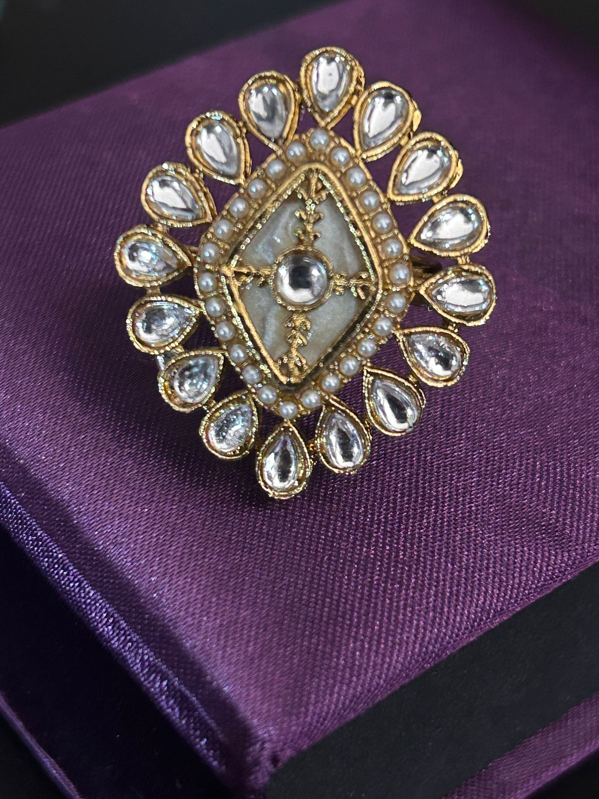 Pearl & Kundan Adjustable Ring – Royal Ethnic Statement Jewellery