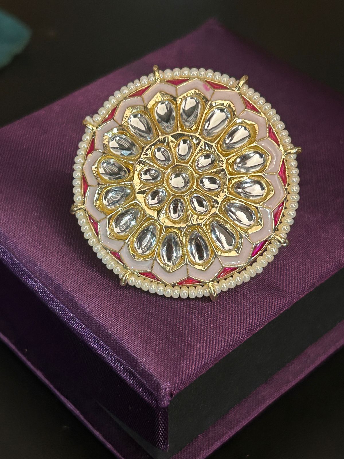 Pink Enamel Kundan Adjustable Ring – Oversized Bridal & Festive Statement Ring