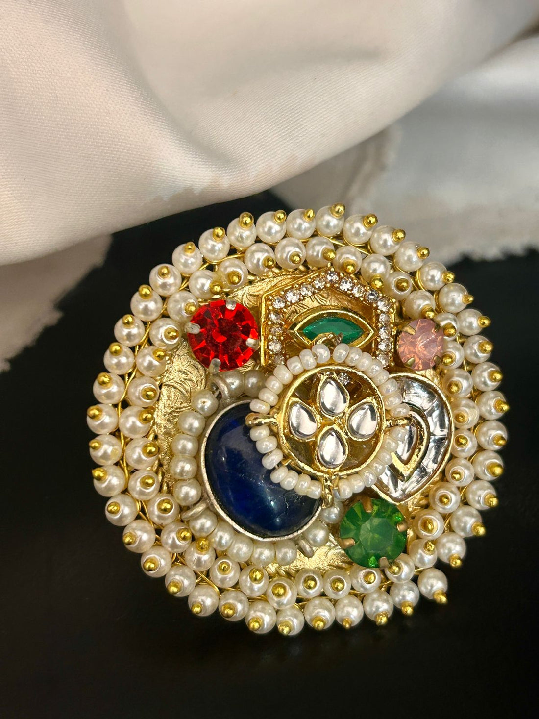 Multicolor Stone Pearl Adjustable Ring