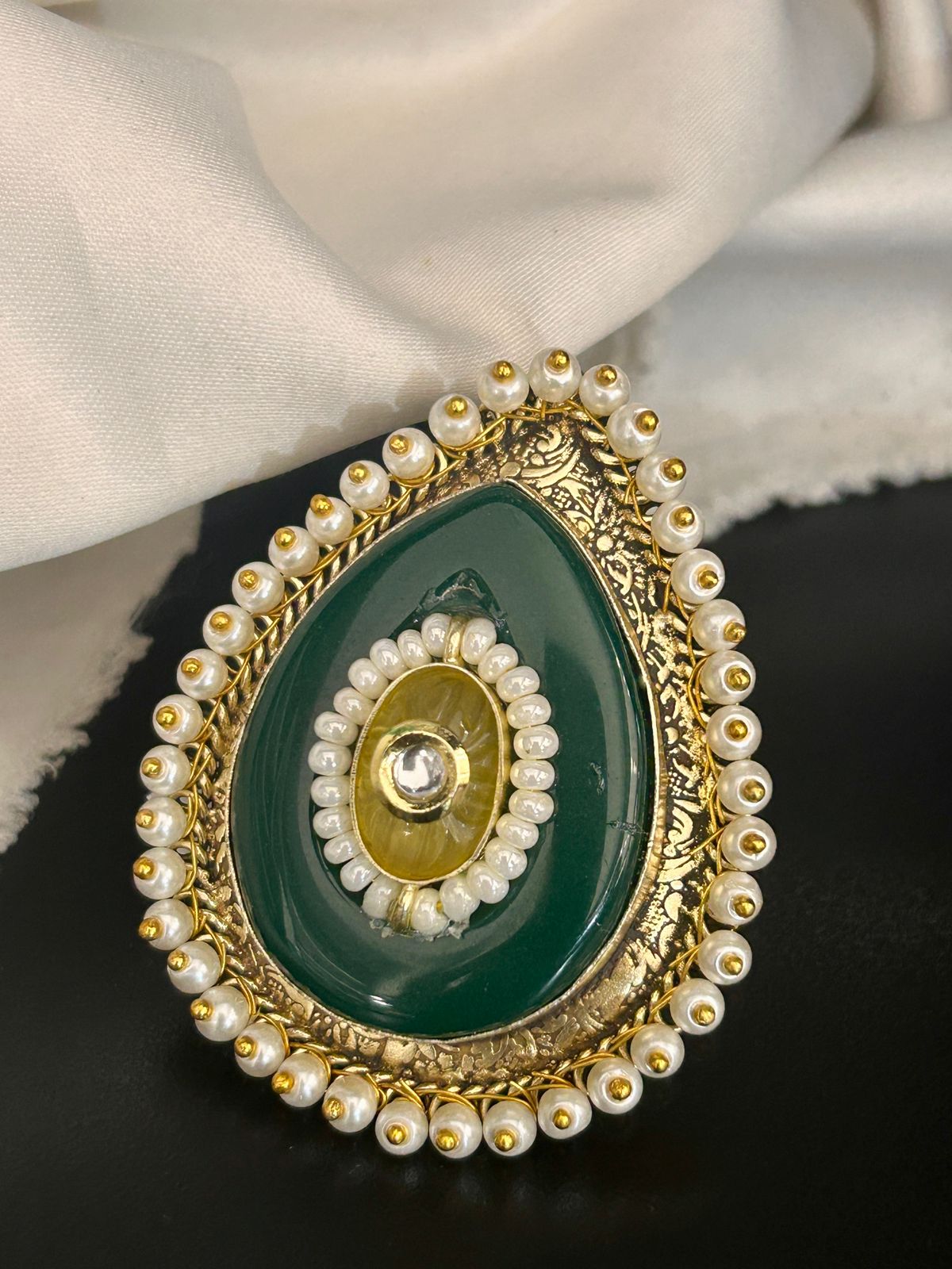 Green Stone Adjustable Ring with Pearl Embellishment