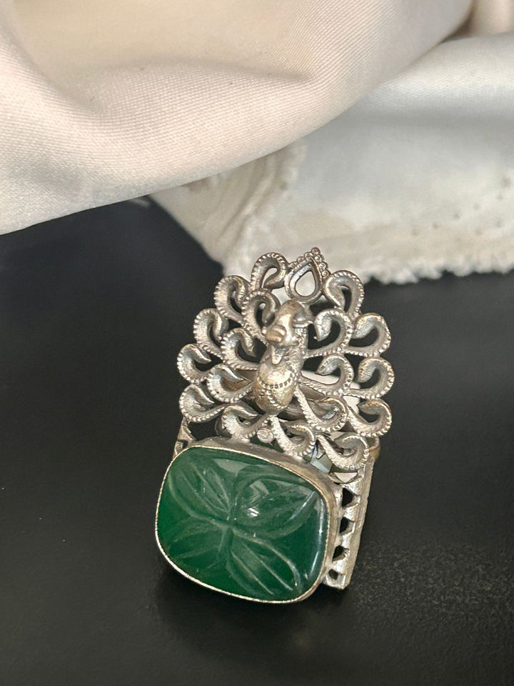 Peacock Design Adjustable Oxidized Silver Ring with Green Stone