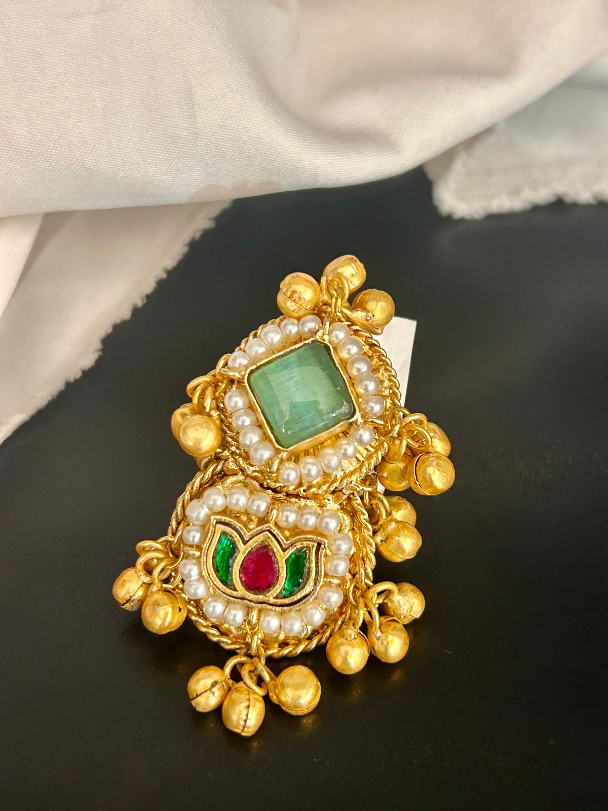 Lotus Design Dual Motif Adjustable Ring with Green Stone & Pearl Detailing