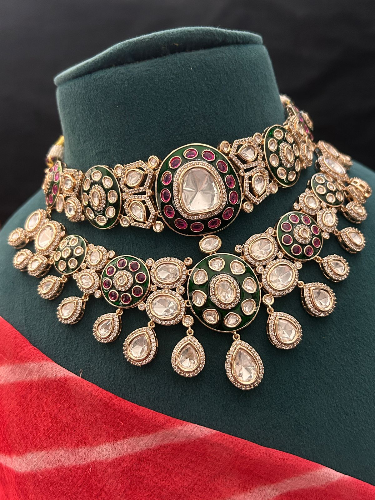 Royal Kundan Choker Necklace Set with Earrings – Green & Ruby Accents