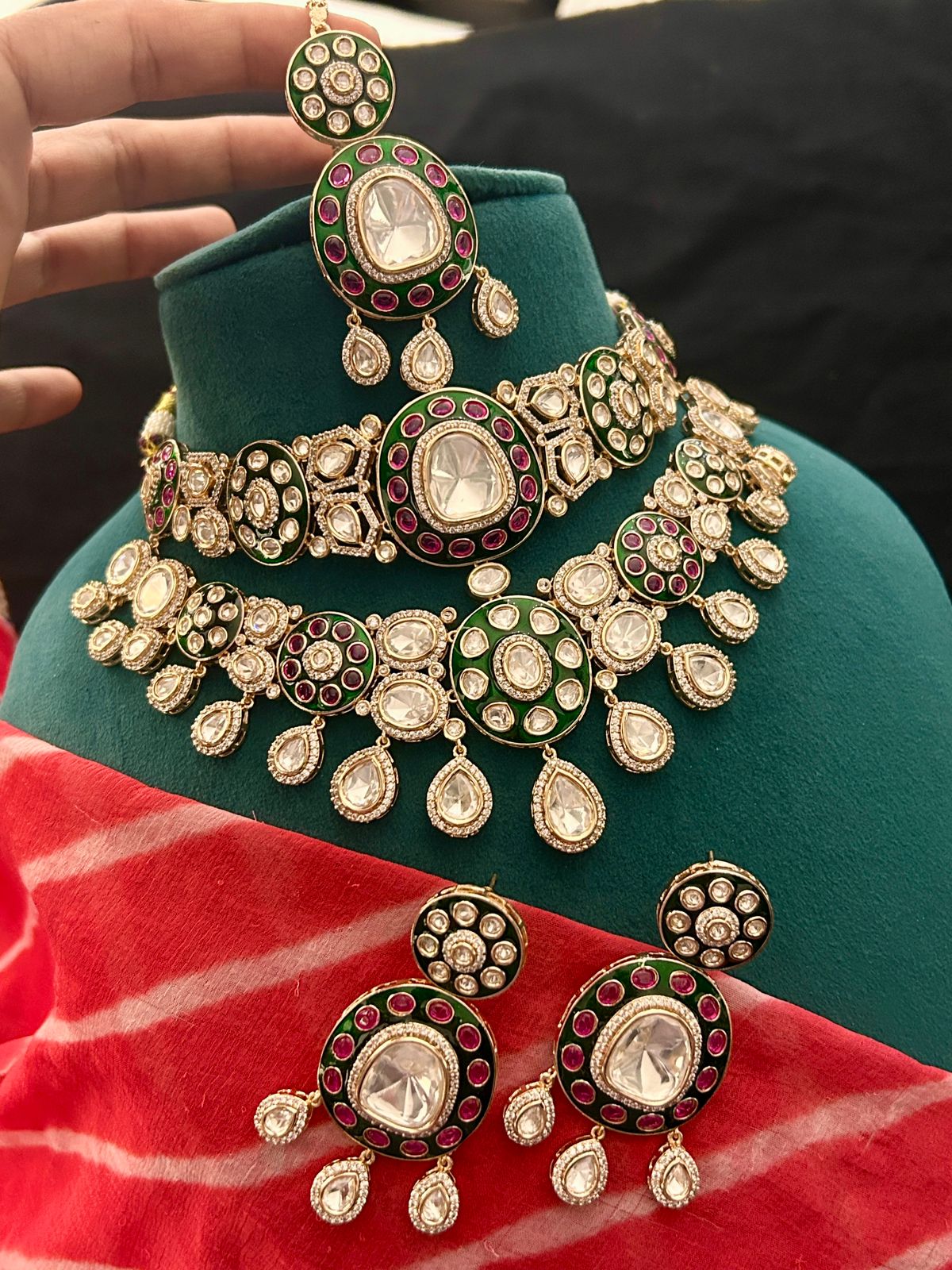 Royal Kundan Choker Necklace Set with Earrings – Green & Ruby Accents