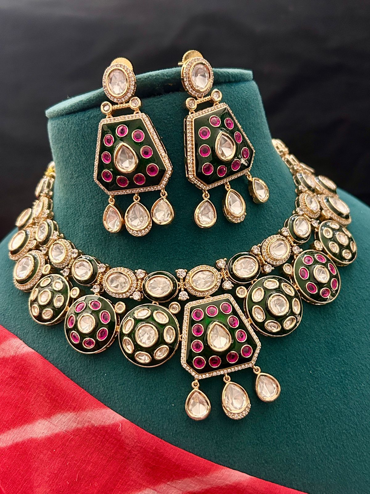 Royal Green & Ruby Kundan Choker Necklace Set with Earrings – Gold Finish
