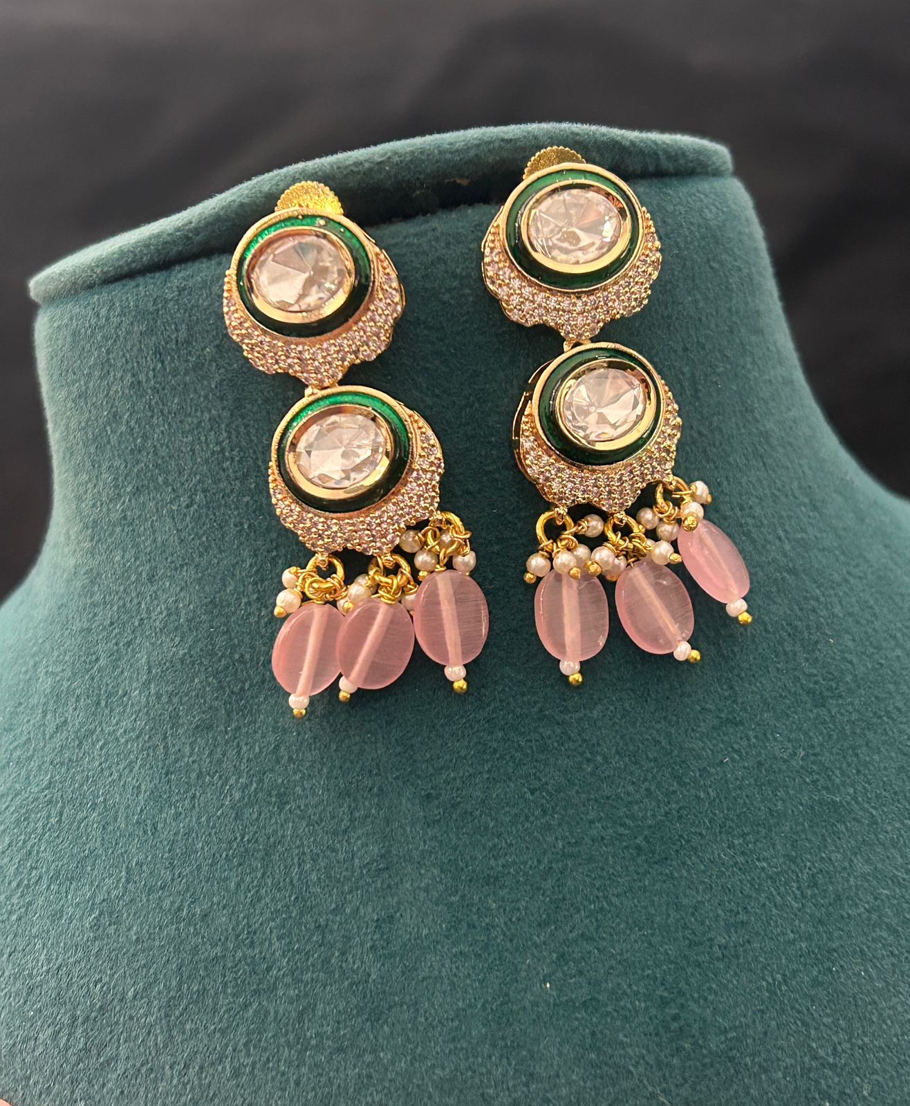 Elegant Kundan Necklace Set with Pink Beads & Earrings