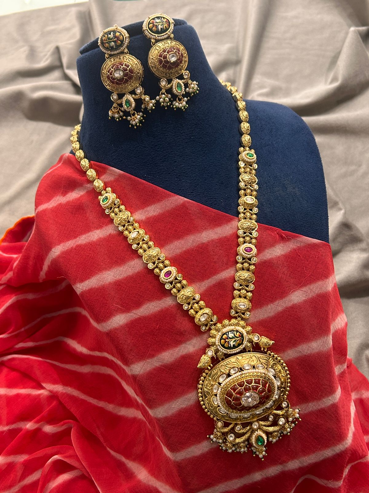 Traditional Temple Jewellery Long Haram with Kemp Pendant & Earrings