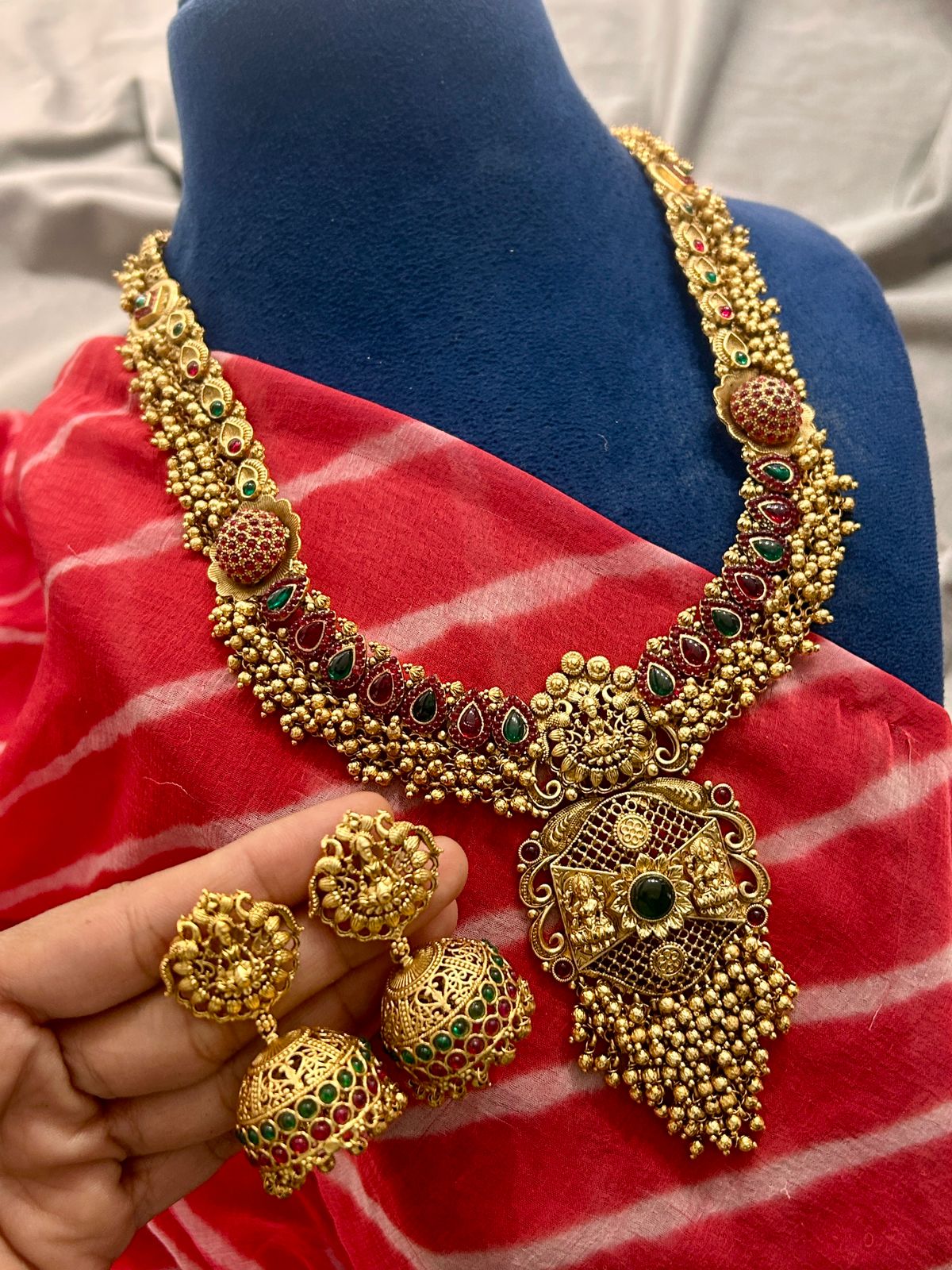 Antique Temple Jewellery Long Haram with Jhumka Earrings