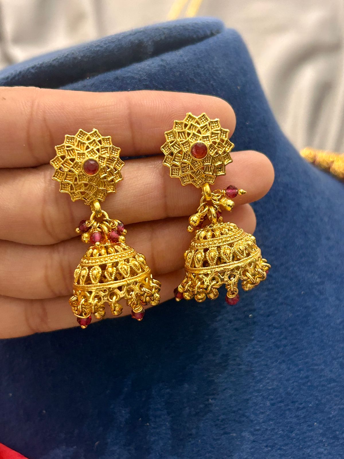 Antique Gold Beaded Long Haram with Ruby Beads & Jhumka Earrings
